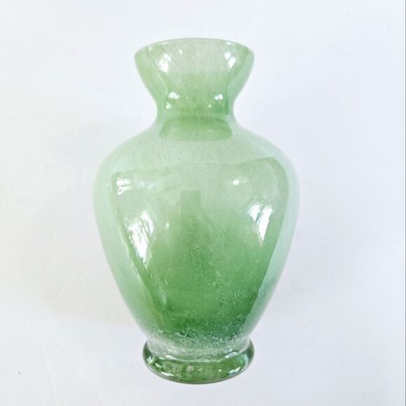 Vintage Green Mottled Art Glass Steuben Cluthra Style Flare Neck Round Base Vase - Picture 3 of 9